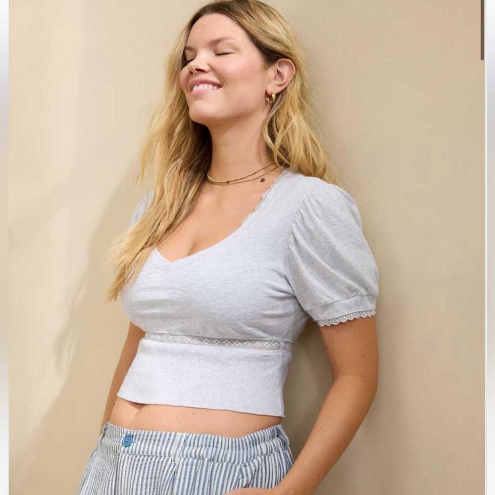 Aerie White Lace Trim Crop Top